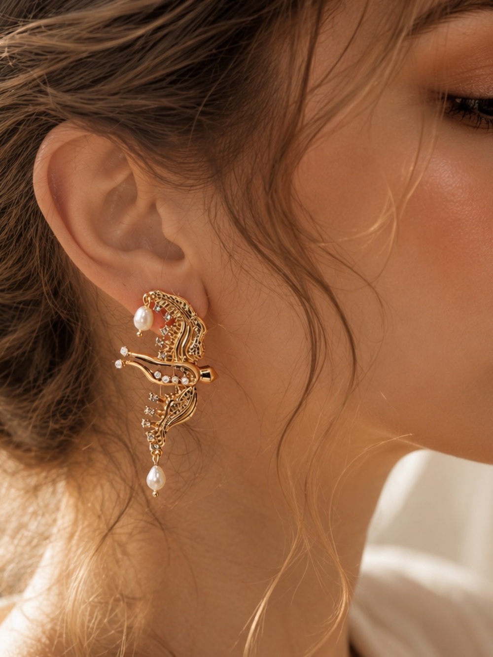 Anthropologie Gold and White Pearl Bird Drop Earrings